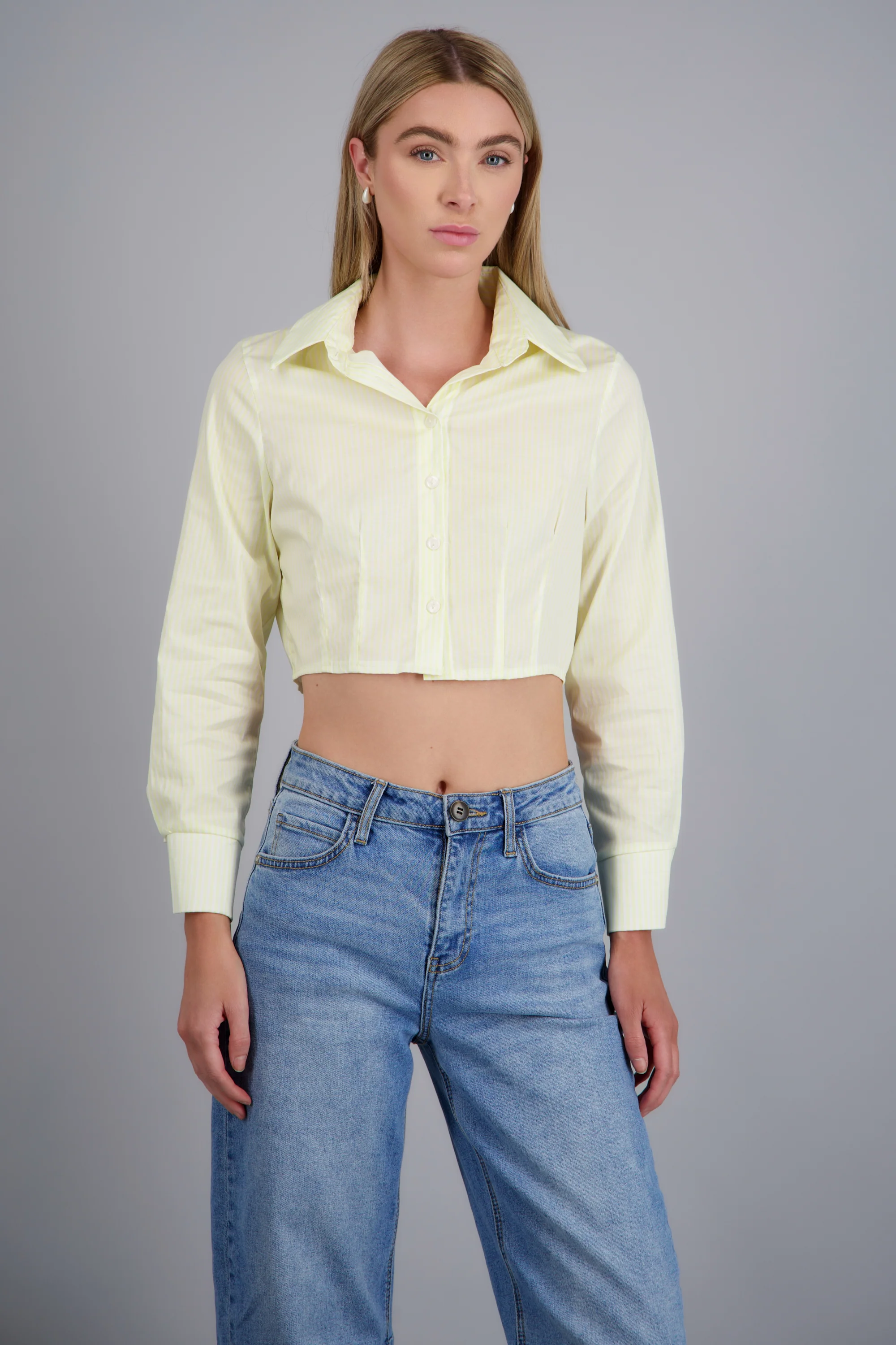 Camisa crop manga larga detalle pinzas