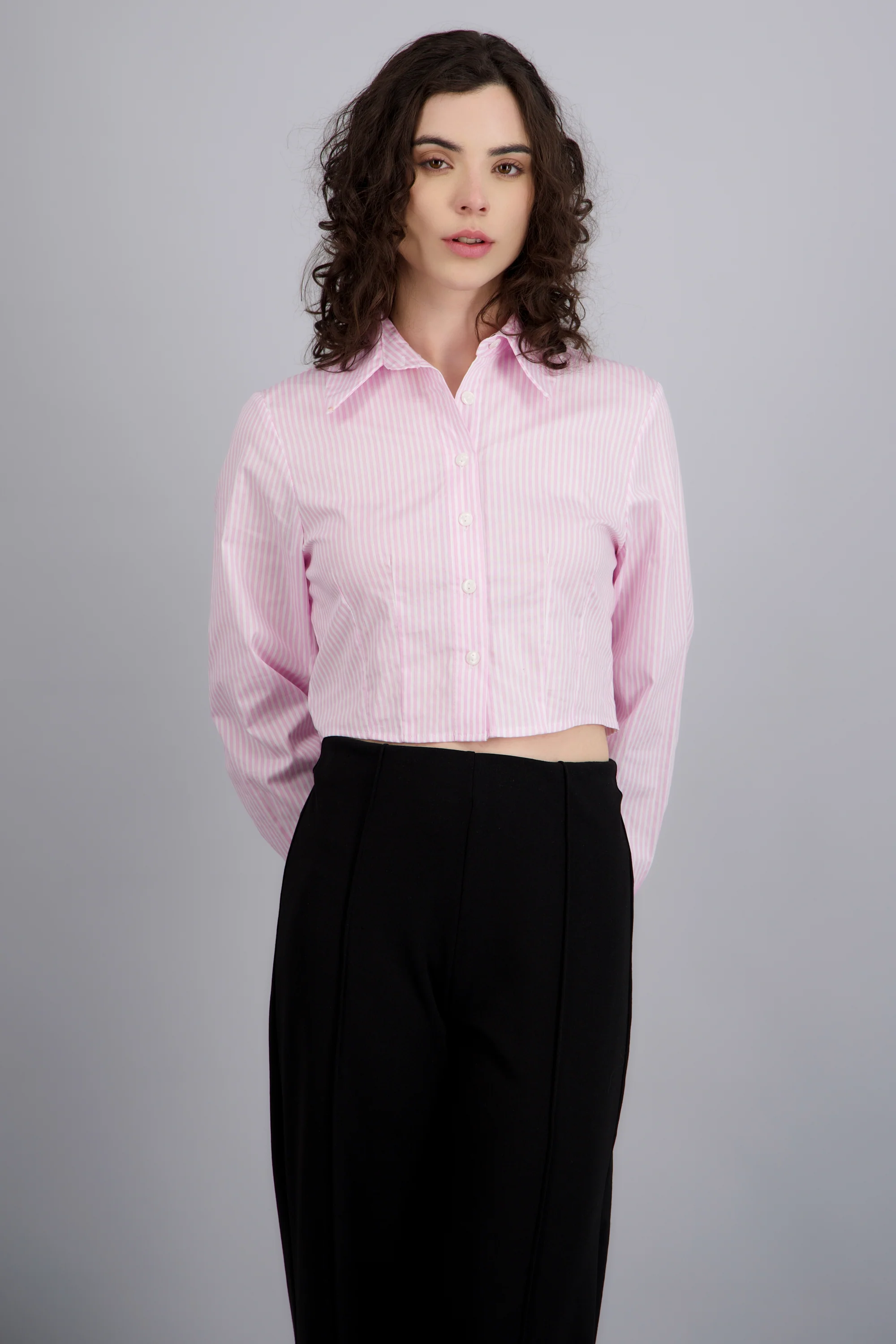 Camisa crop manga larga detalle pinzas