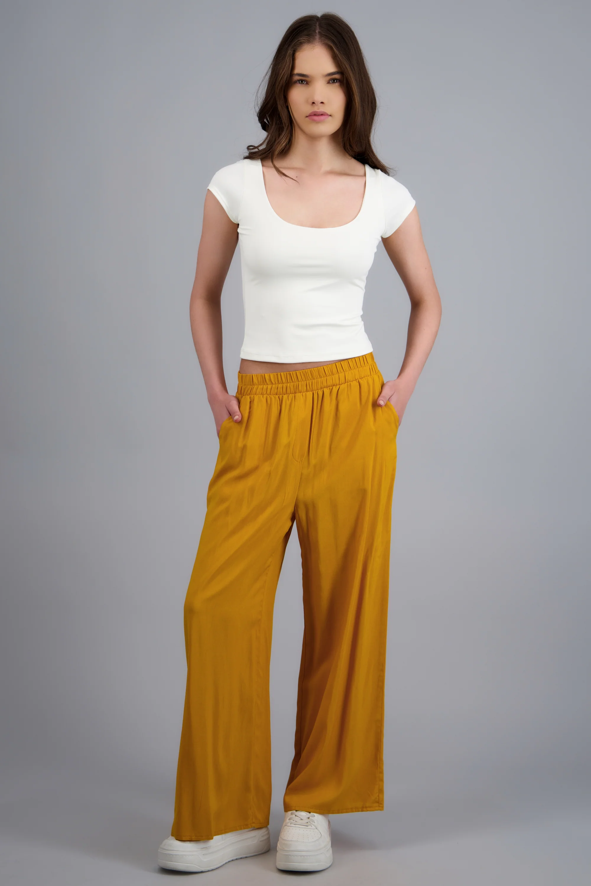 Pantalón Wide Leg Cintura Alta Fruncida
