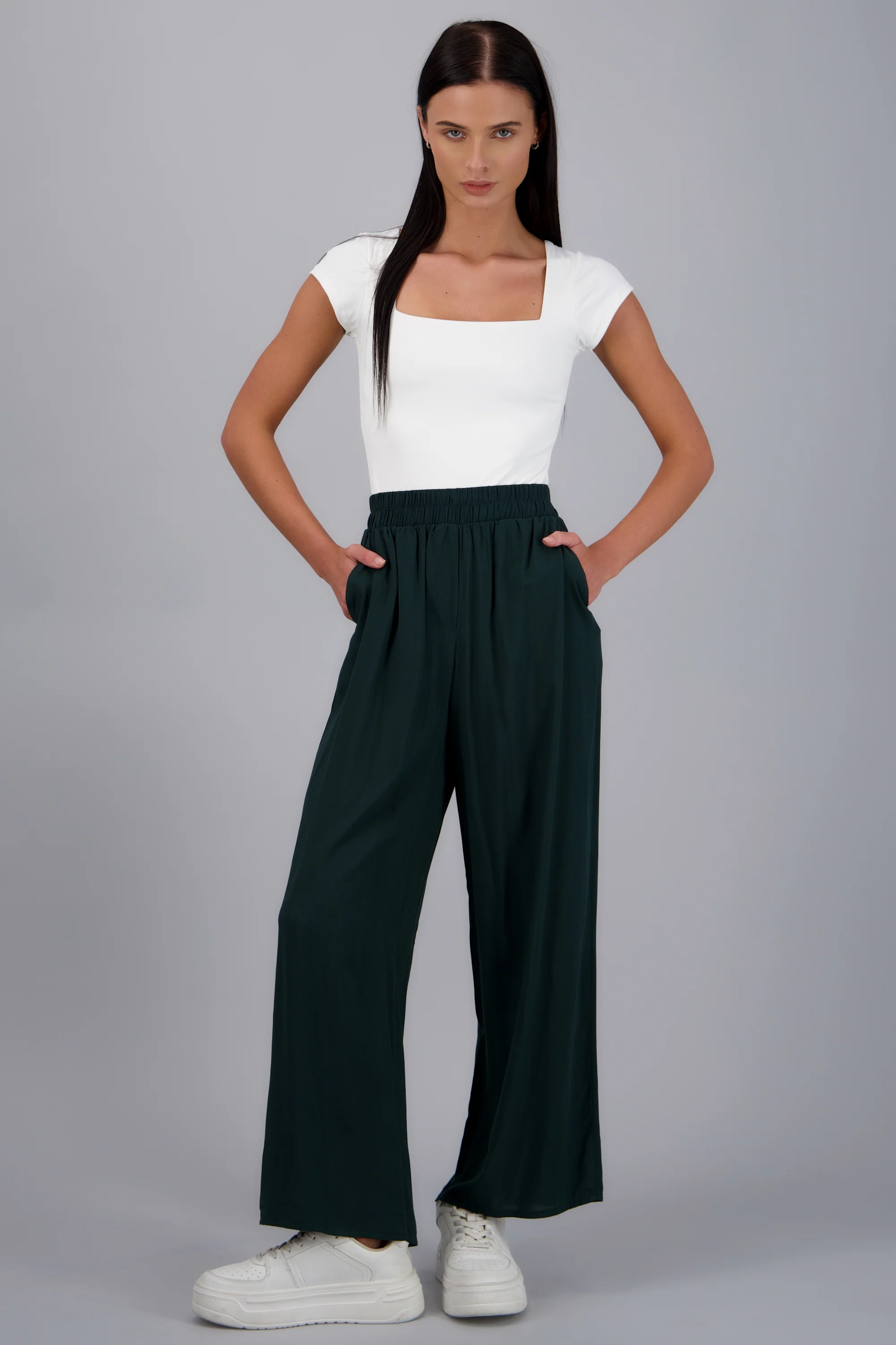 Pantalón Wide Leg Cintura Alta Fruncida