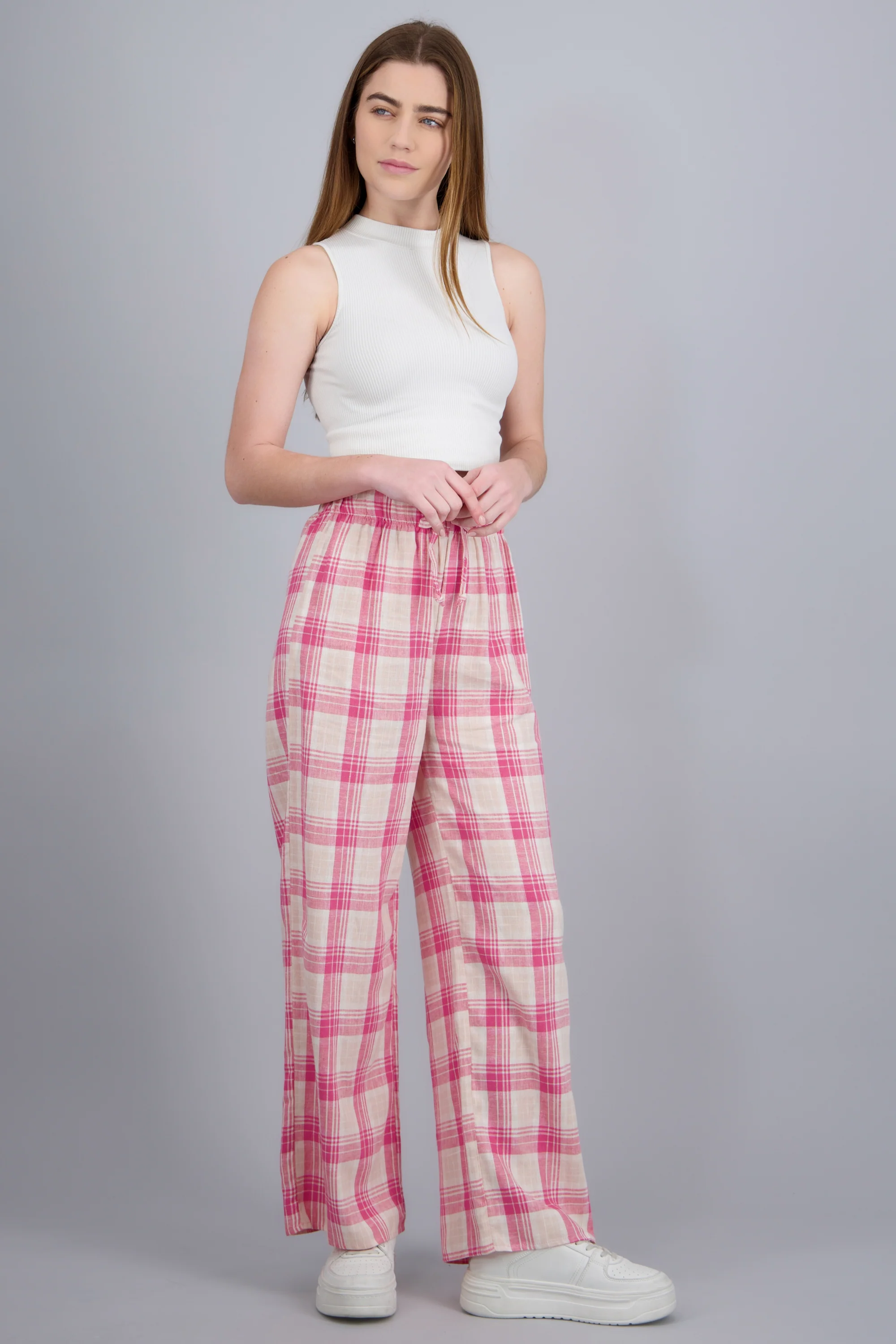 Pantalon wide leg detalle resorte cuadros