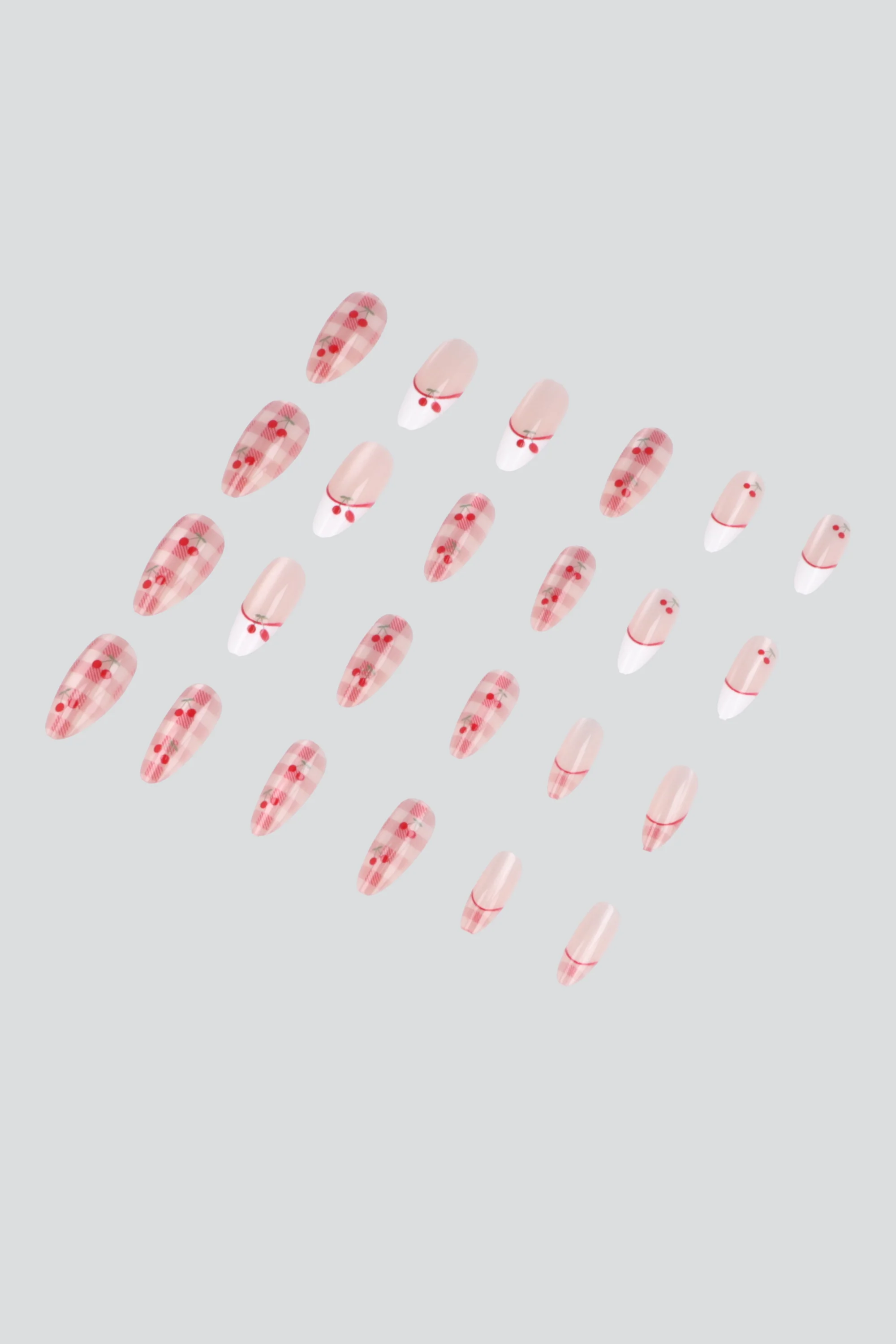 Set 24 uñas cerezas gingham - Image 2