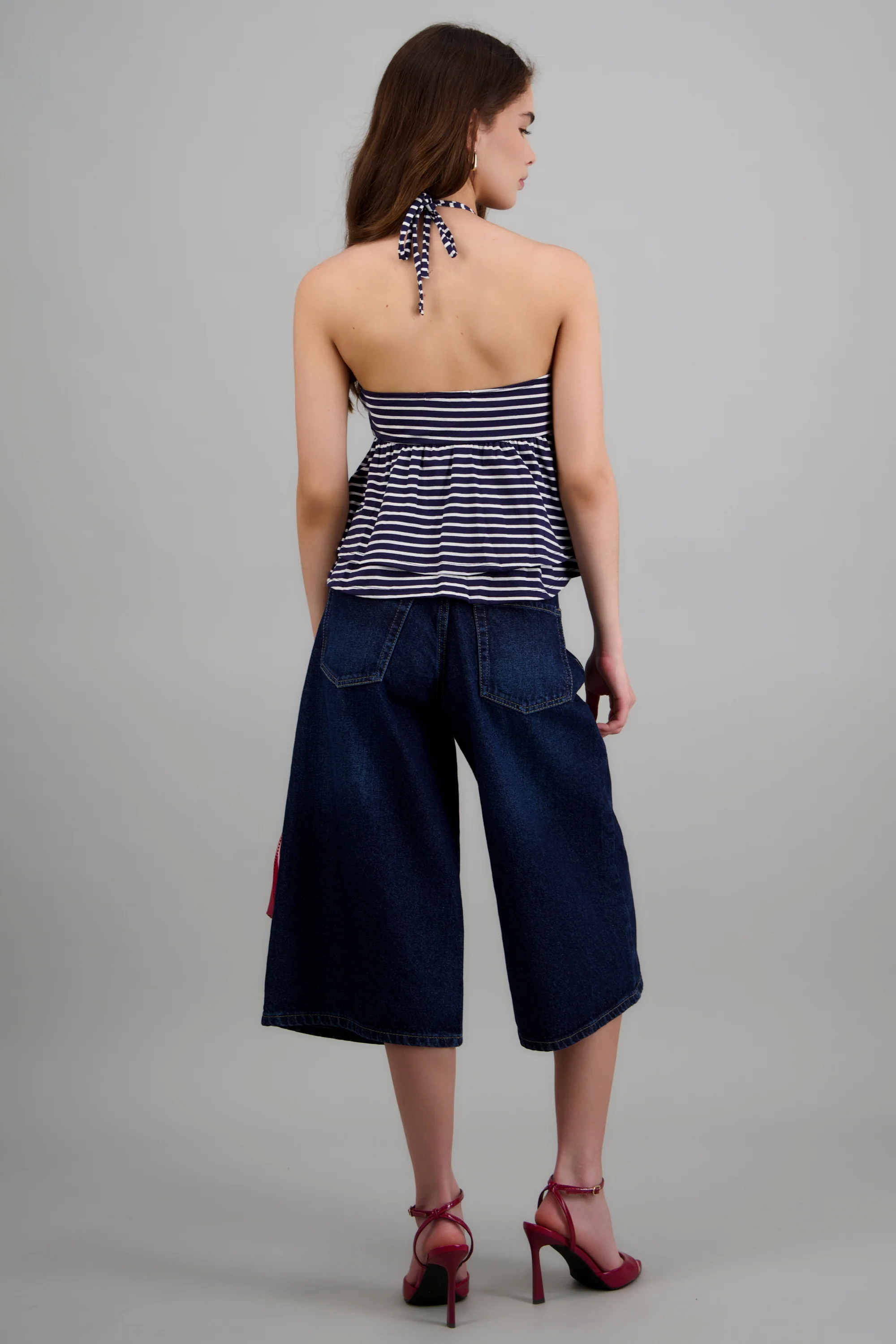 Top escote halter tirantes rayas detalle peplum - Image 2