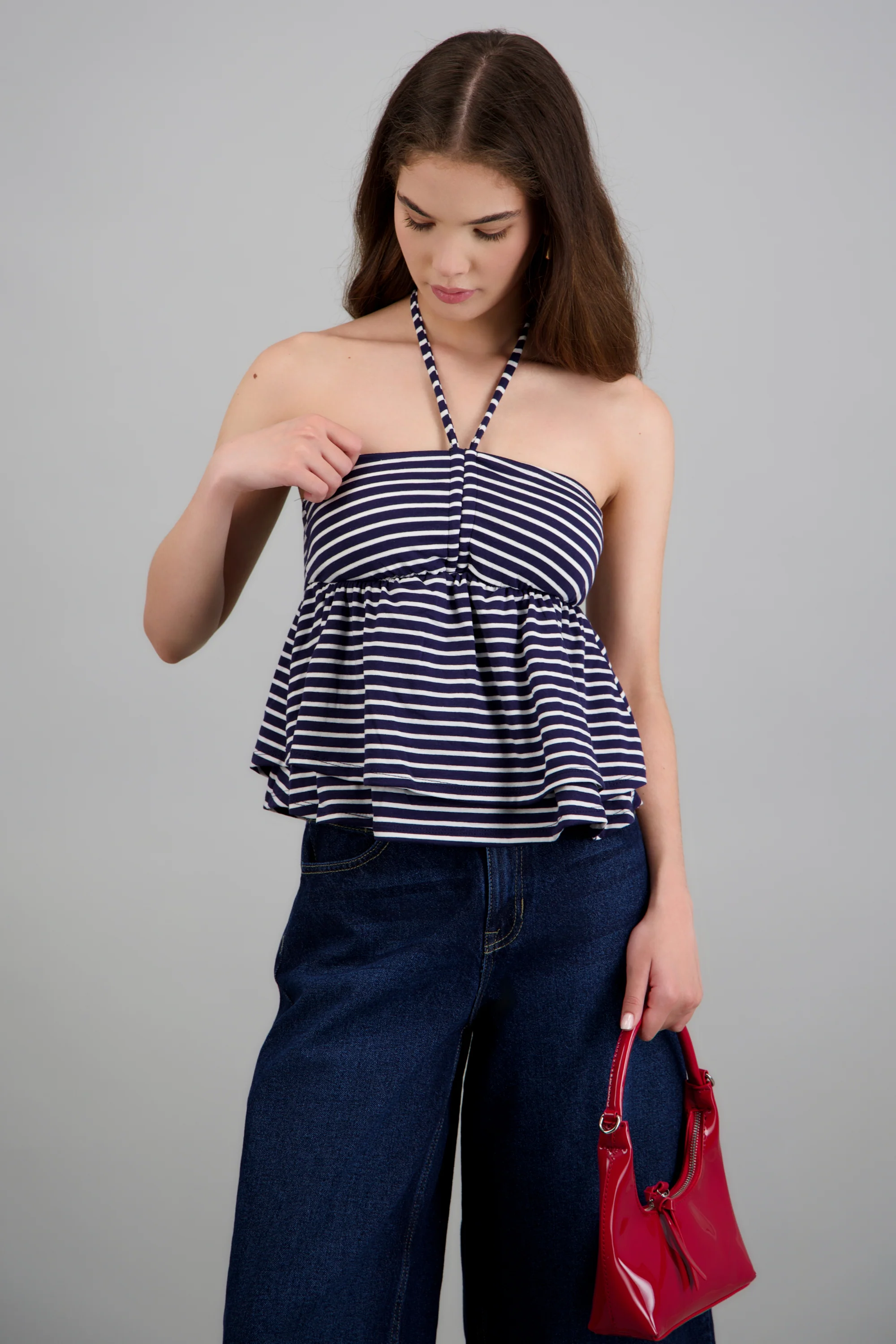 Top escote halter tirantes rayas detalle peplum - Image 3