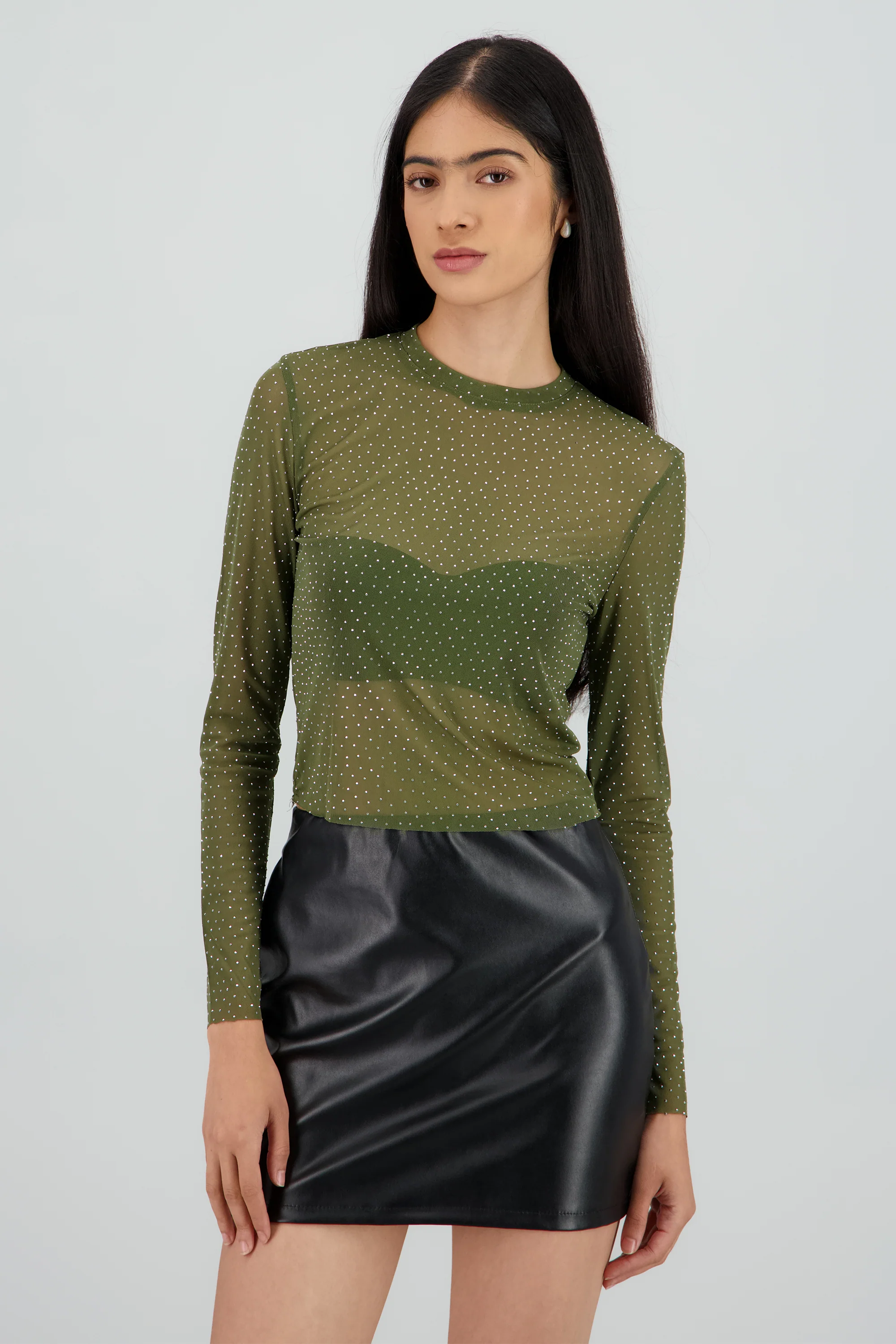 Top Mesh Manga Larga Brillos