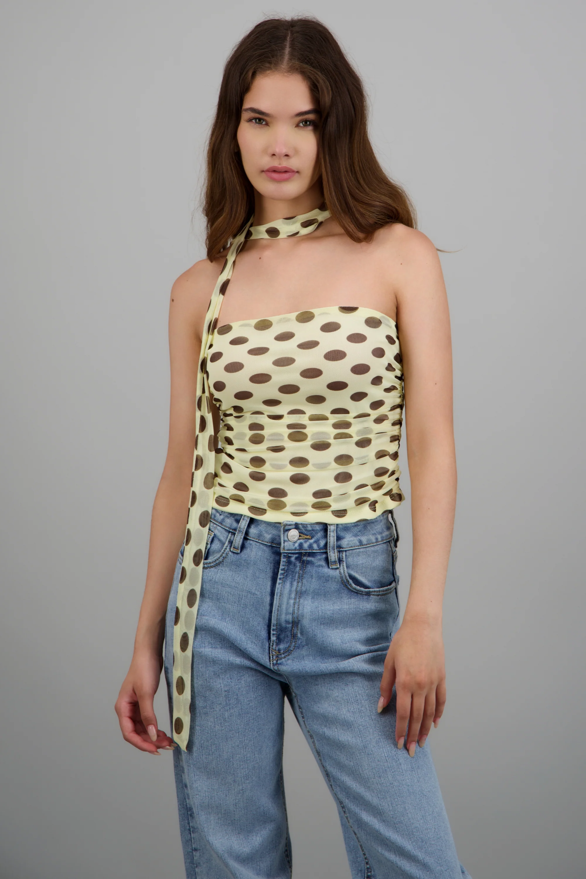 Top strapples drapeado detalle bufanda polka