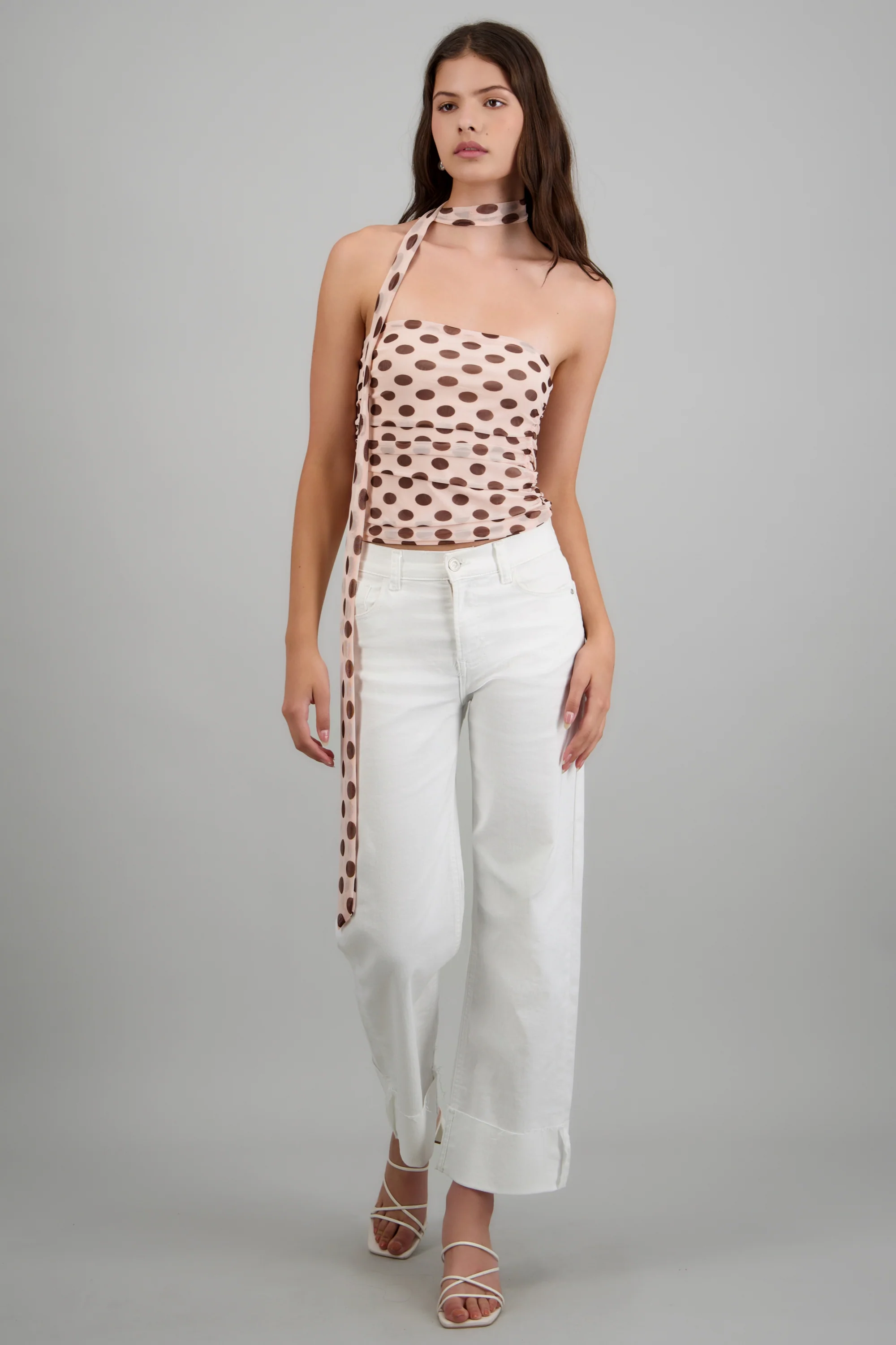 Top strapples drapeado detalle bufanda polka