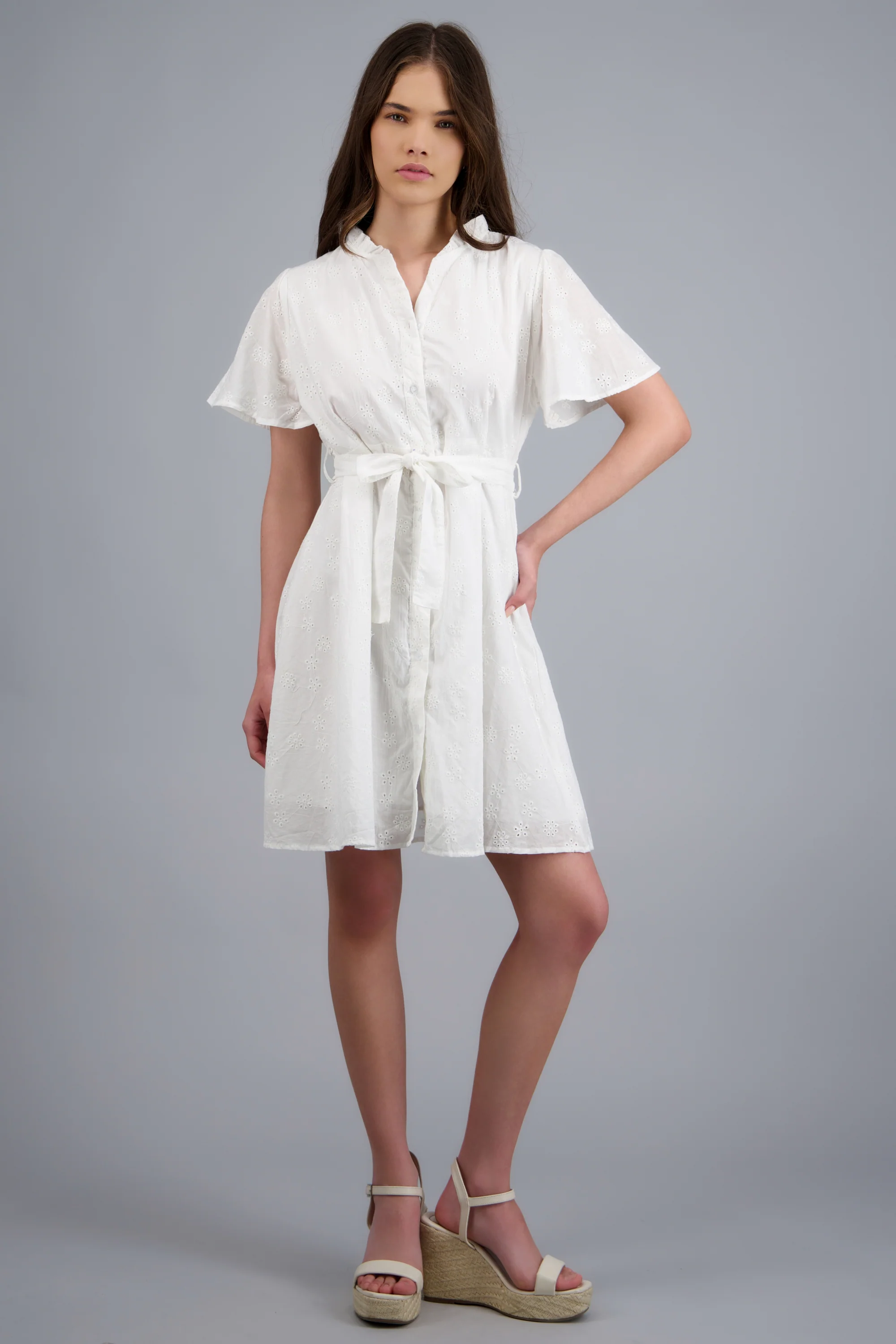 Vestido manga corta detalle cinturon eyelet - Image 3