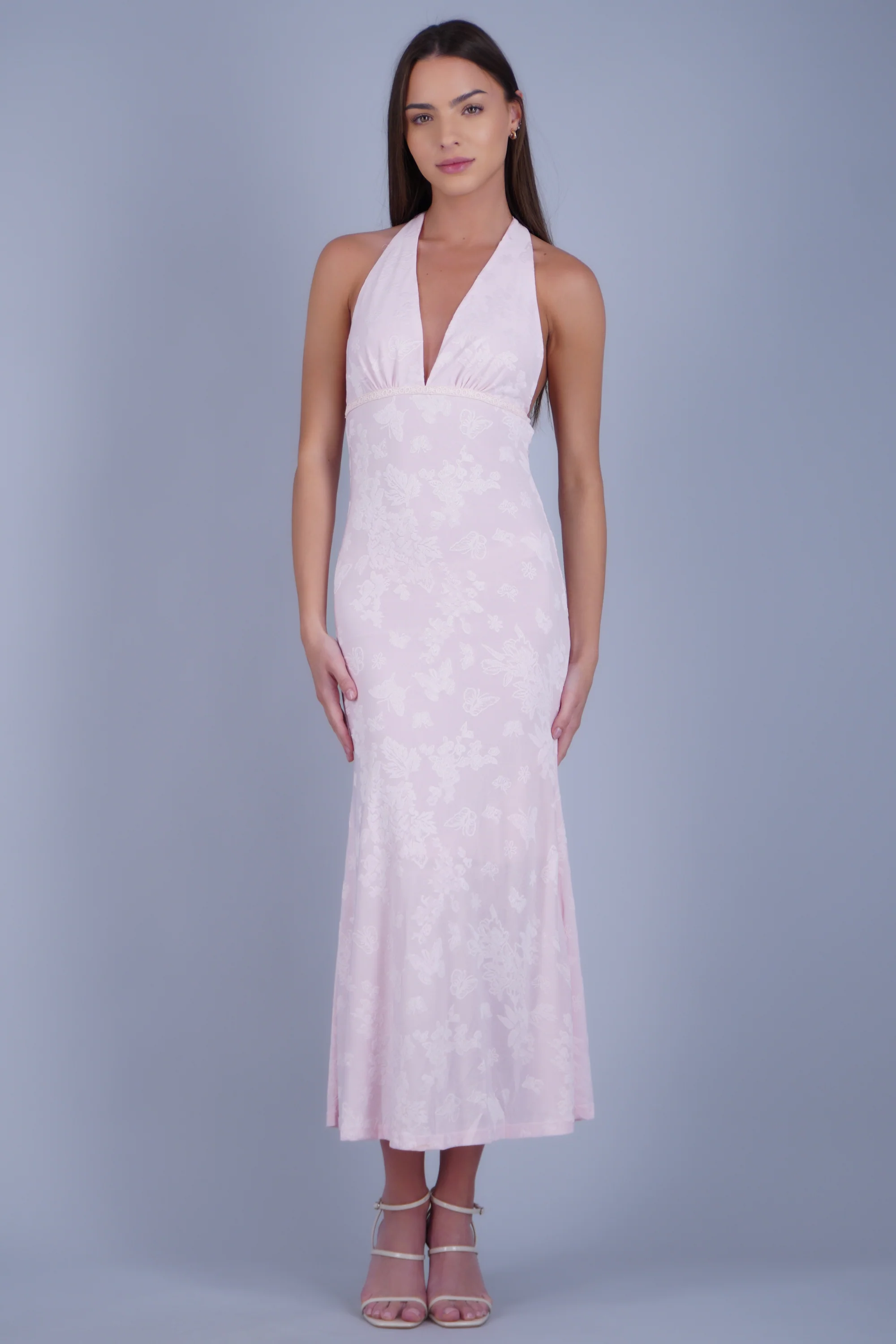 Vestido maxi amarre halter flores textura
