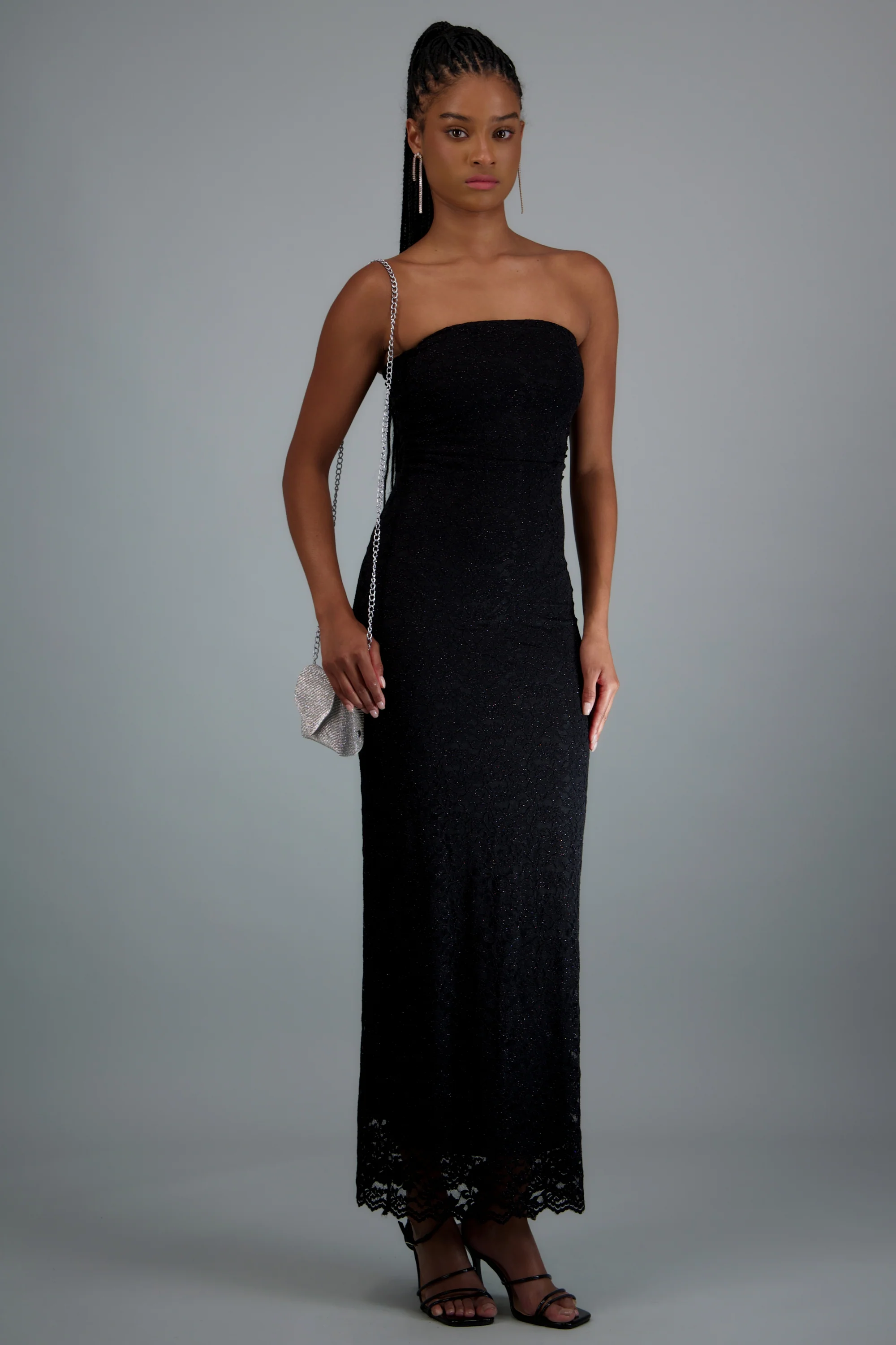 Vestido maxi detalle drapeado encaje brillos - Image 3