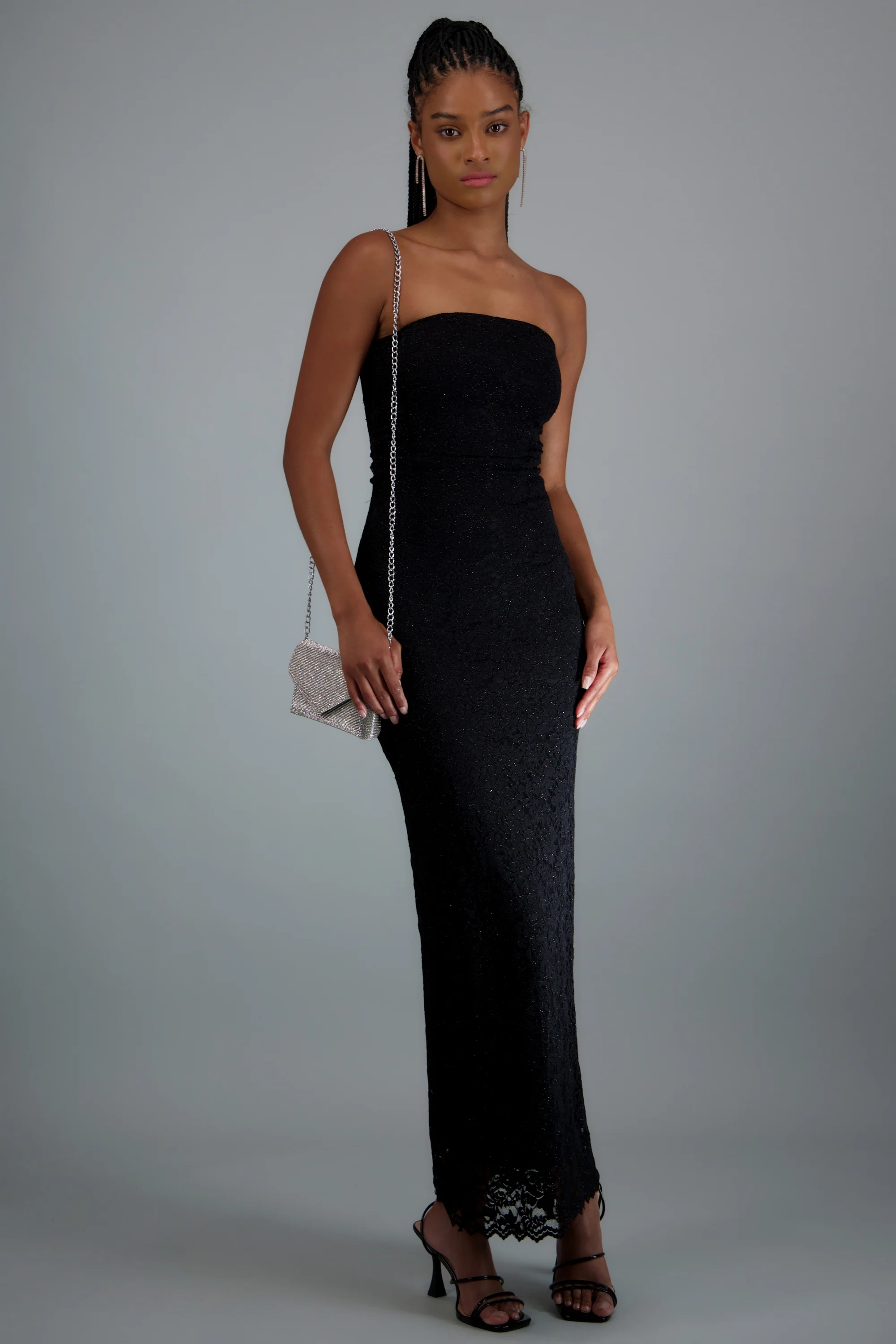 Vestido maxi detalle drapeado encaje brillos - Image 4