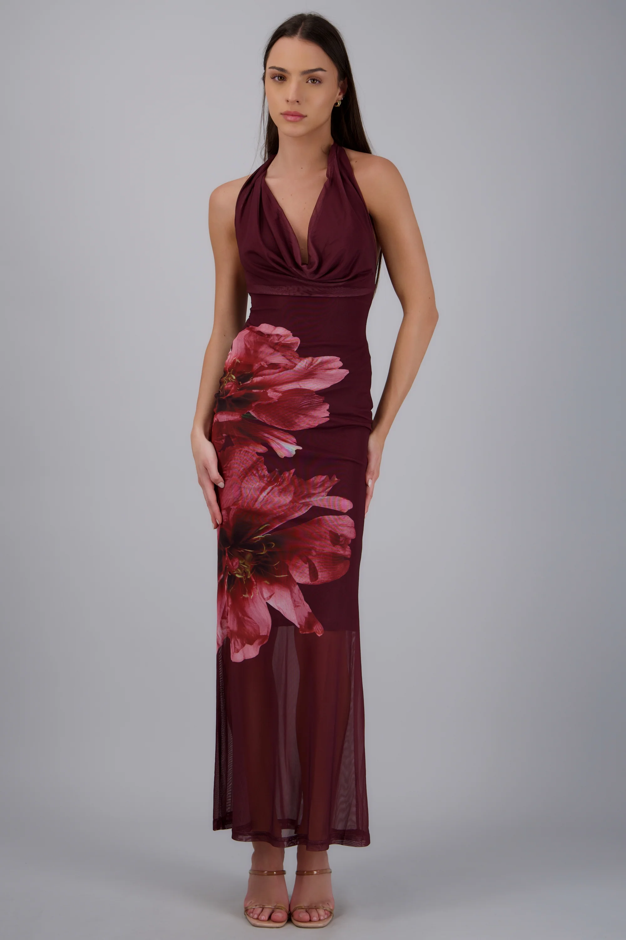 Vestido maxi halter mesh estampado flores - Image 2
