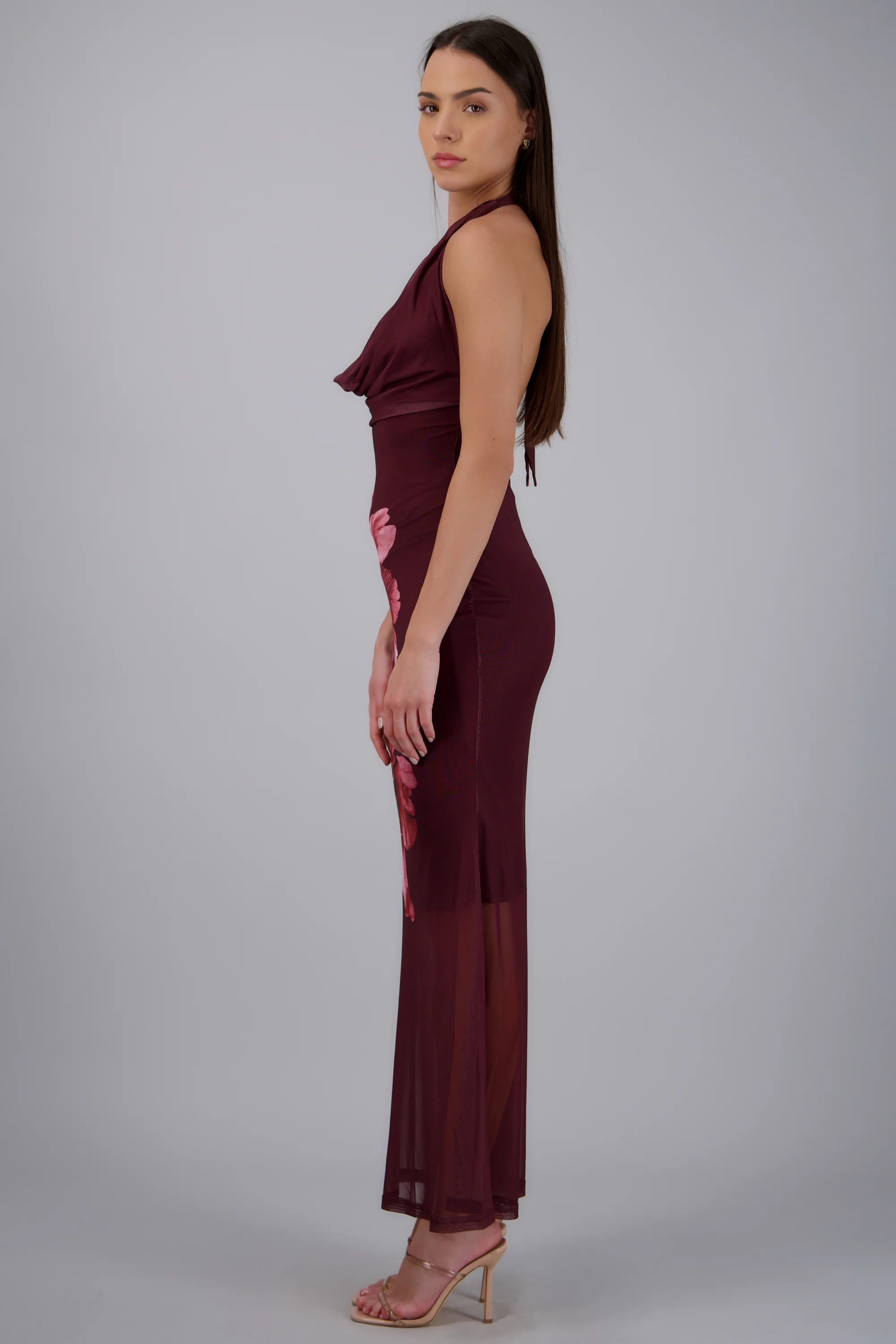 Vestido maxi halter mesh estampado flores - Image 3
