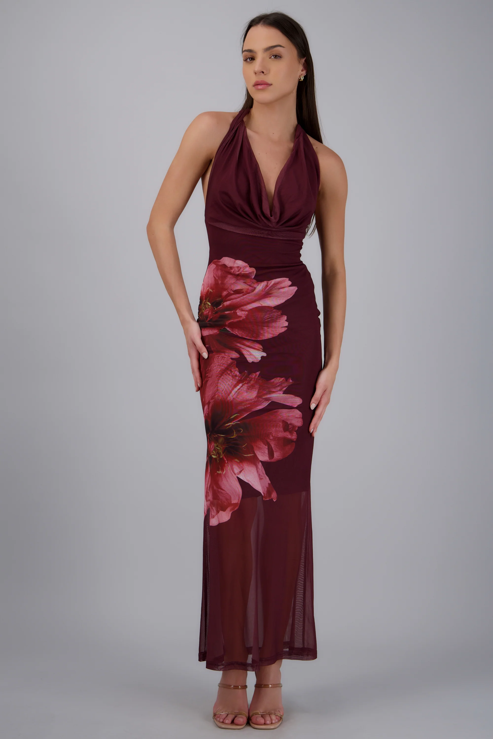Vestido maxi halter mesh estampado flores - Image 4