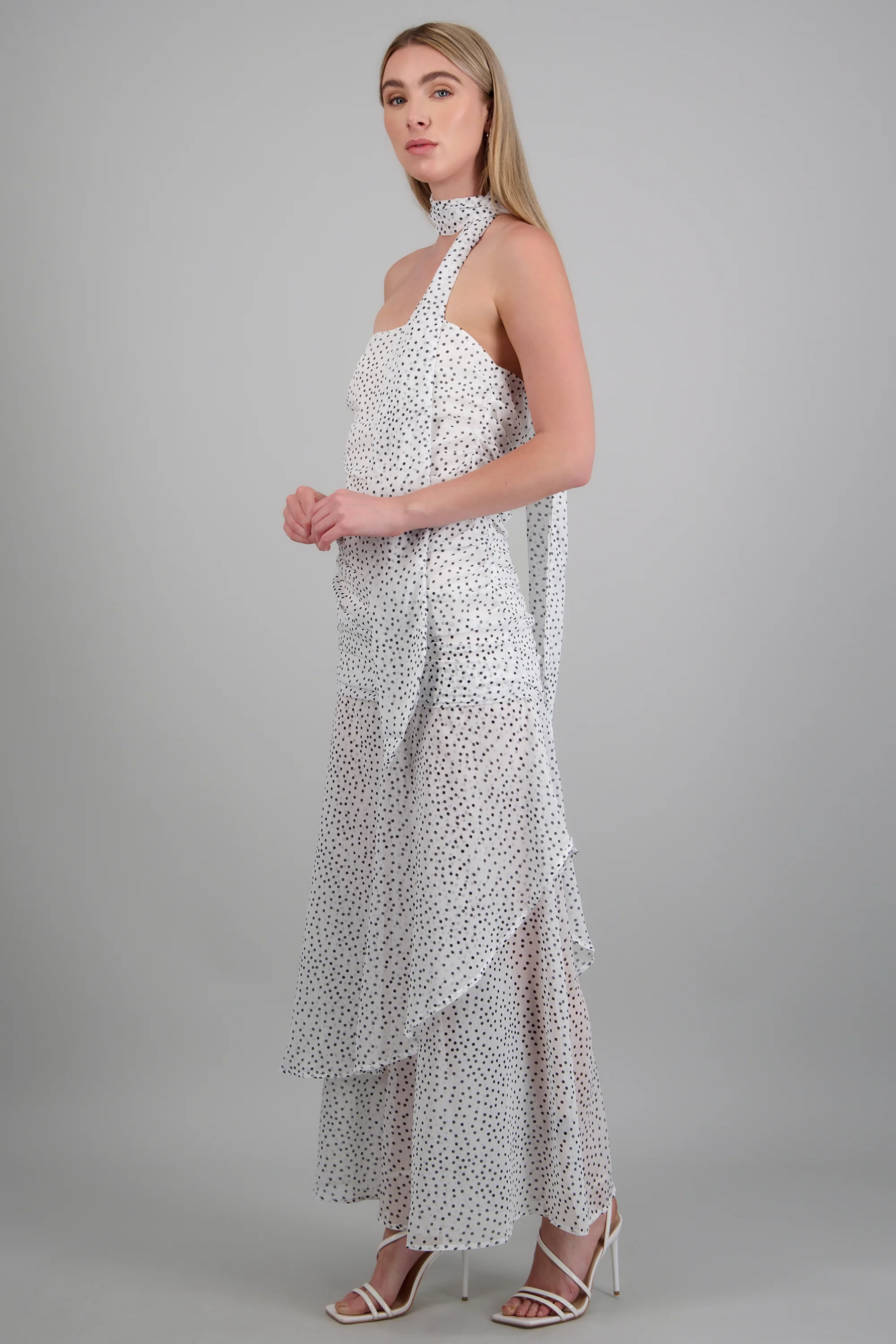 Vestido maxi strapless drapeado polka dots - Image 3
