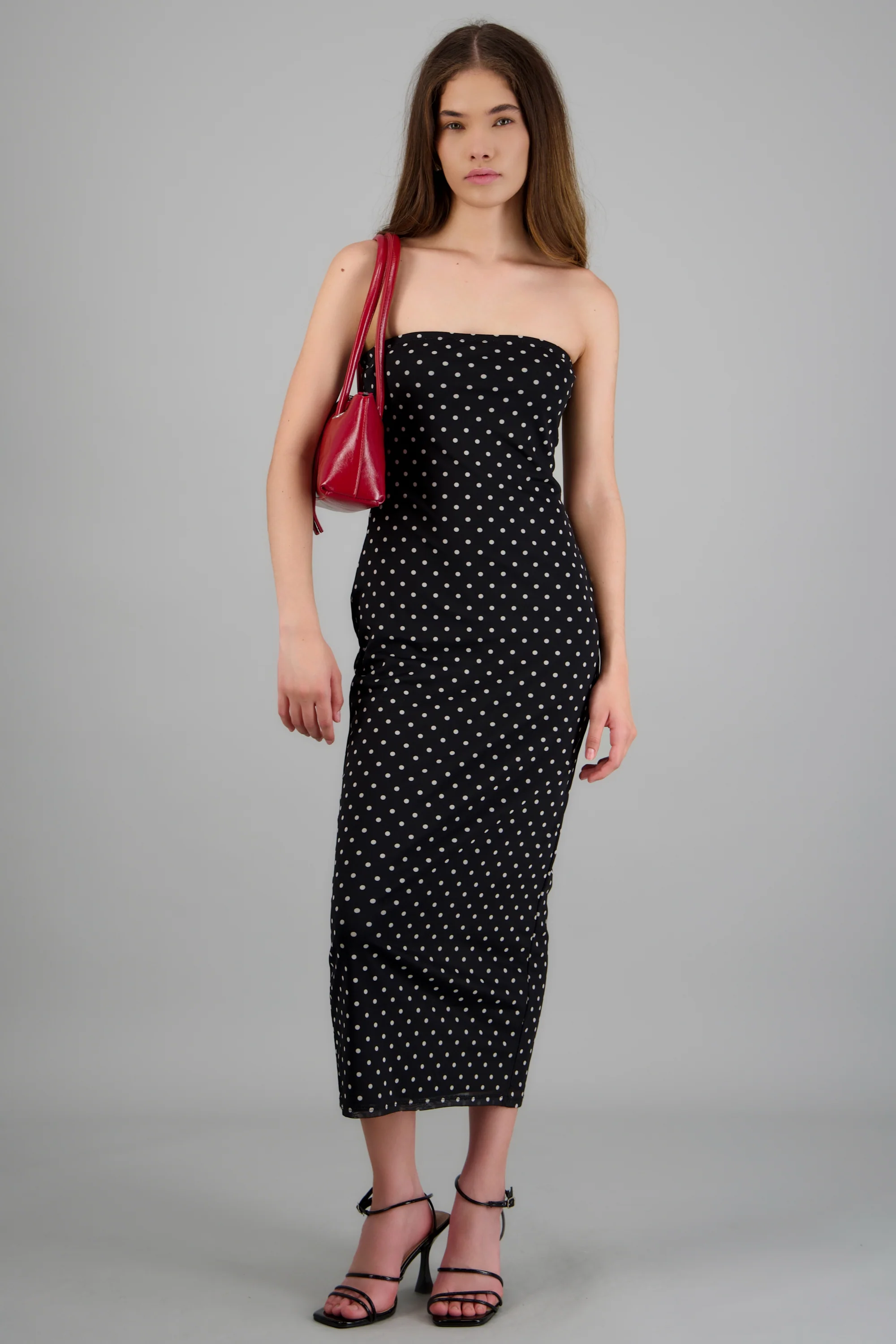 Vestido midi bandeau mesh polkas