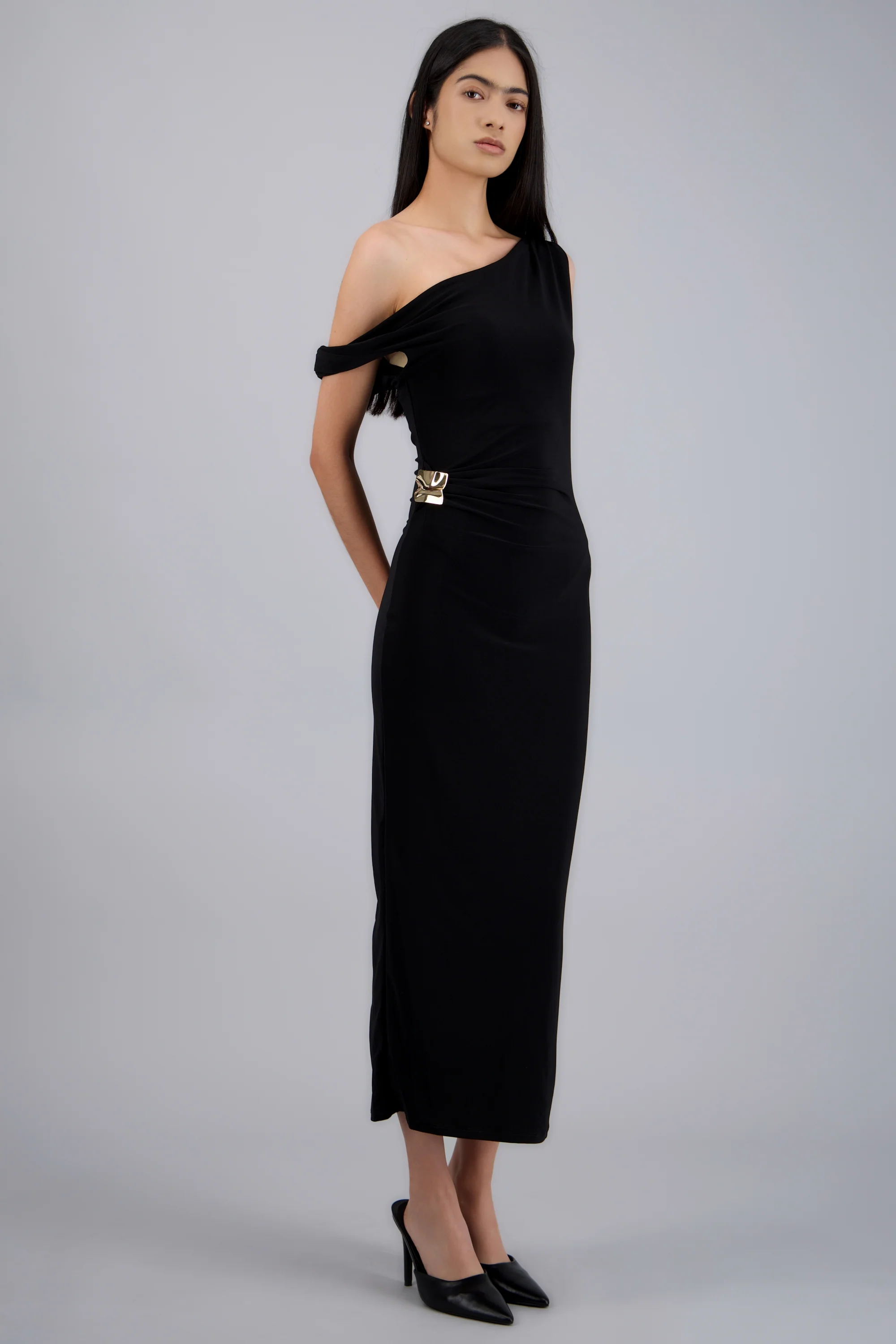 Vestido midi liso detalle hebilla - Image 2