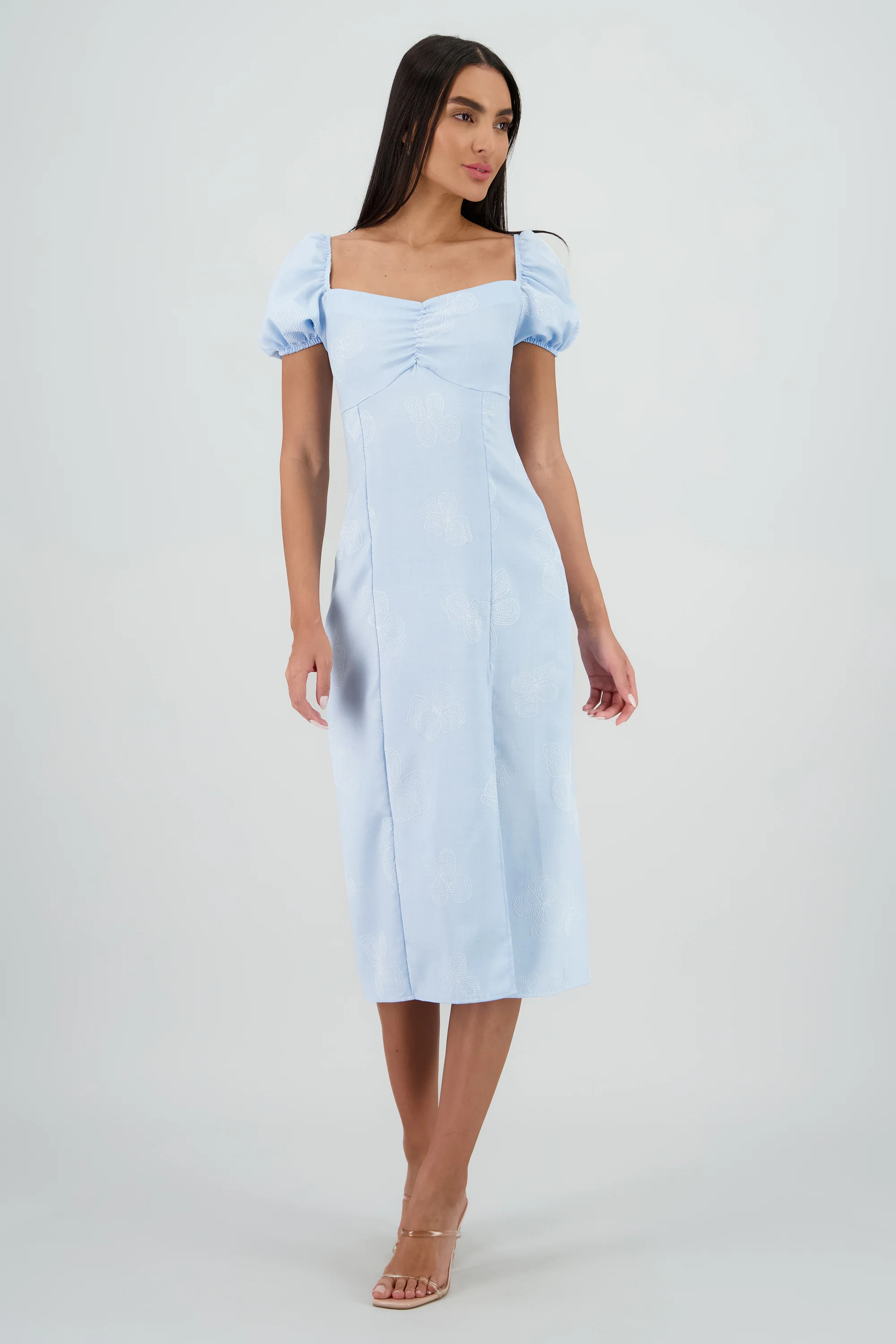 Vestido midi manga abullonada frunces