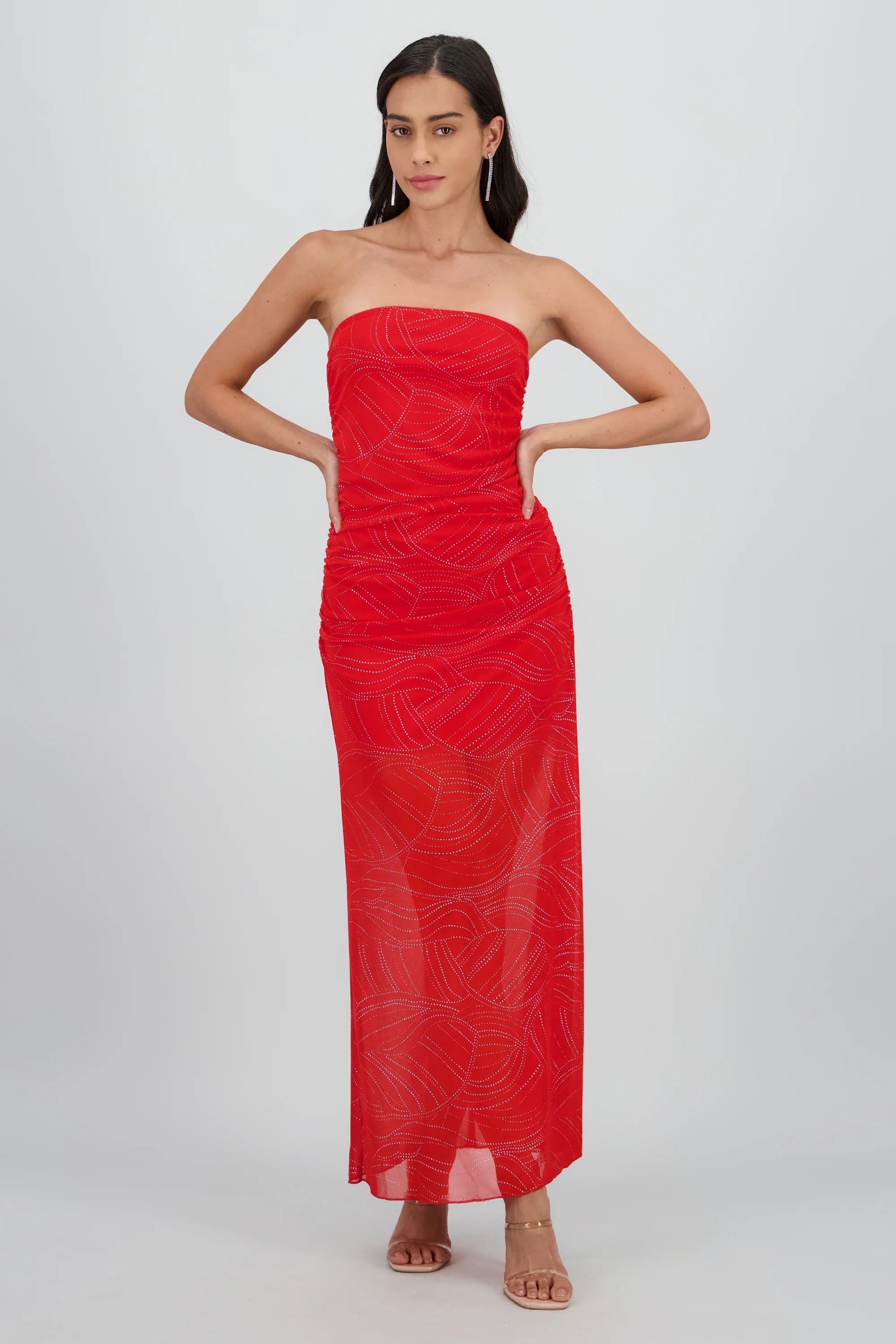 Vestido strapless midi drapeado detalle brillos